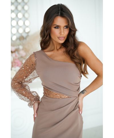 Vestito corto colore cammello - Tubino mono spalla