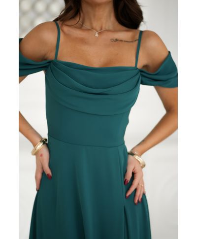 Abito elegante, lungo - Spacco sulla gamba - Spalline cadenti - Verde bottiglia