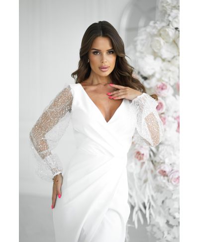 Abito elegante, lungo - Maniche in paillettes - Ecru - Scarlet