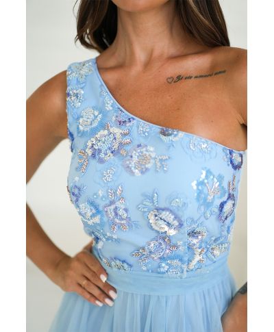 Vestito elegante monospalla azzurro - Olivia