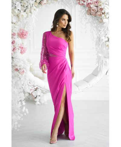 Vestito lungo elegante monospalla, fuxia - Mimi