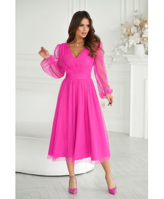 Abito donna - Con manichetta in tulle – Rosa fluo