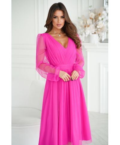 Abito donna - Con manichetta in tulle – Rosa fluo