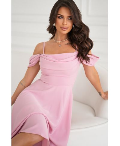Abito midi elegante - Scollo Morbido - Manichette cadenti - Rosa sporco