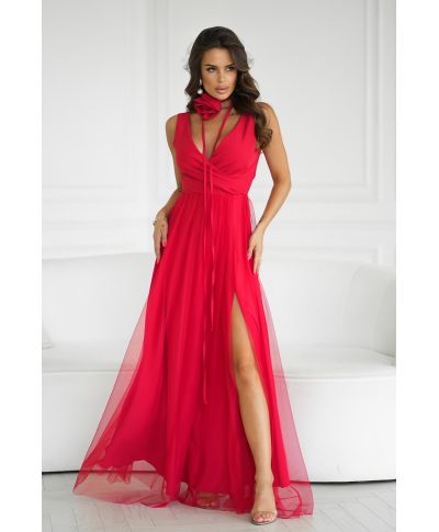 Abito elegante lungo - Spacco sulla gamba - Rosso