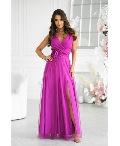 Abito elegante lungo - Spacco sulla gamba - Magenta