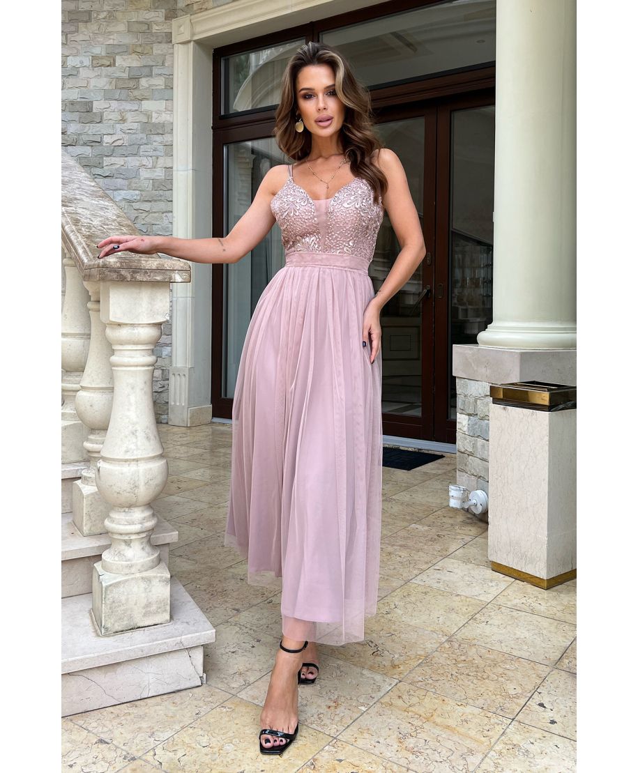 Abito da sera - Rosa sporco - Lunghezza 7/8 - Corsetto ricamato - Spalline sottili