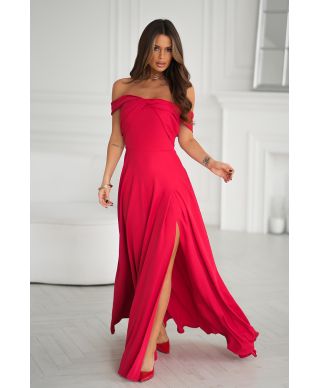 Abito lungo rosso con spacco e scollo alla spagnola - Manichette cadenti