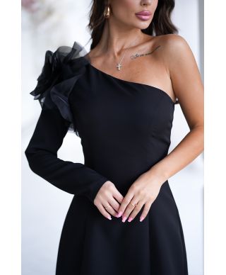 Abito corto nero da cerimonia - Rosa sulla Spalla – Monospalla - Modello asimmetrico