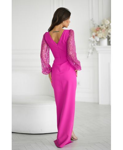 Abito elegante, lungo - Maniche in paillettes - Colore fucsia - Scarlet