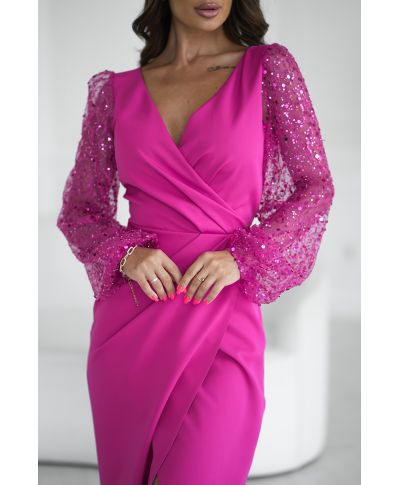 Abito elegante, lungo - Maniche in paillettes - Colore fucsia - Scarlet