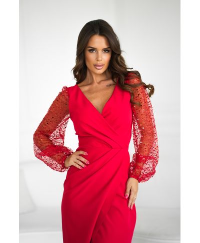 Abito elegante, lungo - Maniche in paillettes - Colore rosso - Scarlet