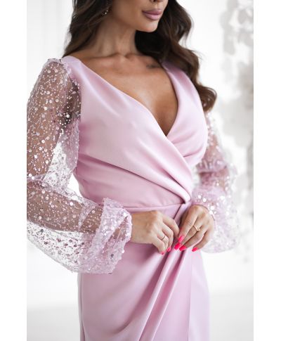 Abito elegante, lungo - Maniche in paillettes - Colore rosa sporco - Scarlet