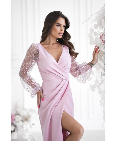 Abito elegante, lungo - Maniche in paillettes - Colore rosa sporco - Scarlet