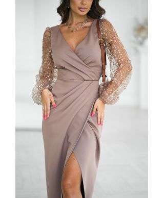 Abito elegante, lungo - Maniche in paillettes - Colore cammello - Scarlet