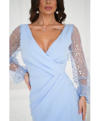 Abito da cerimonia con maniche trasparenti e paillettes - Colore azzurro