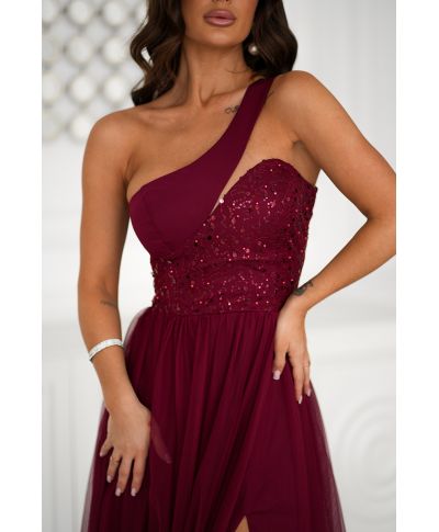 Vestito lungo elegante bordeaux - Corpetto decorato - Nia