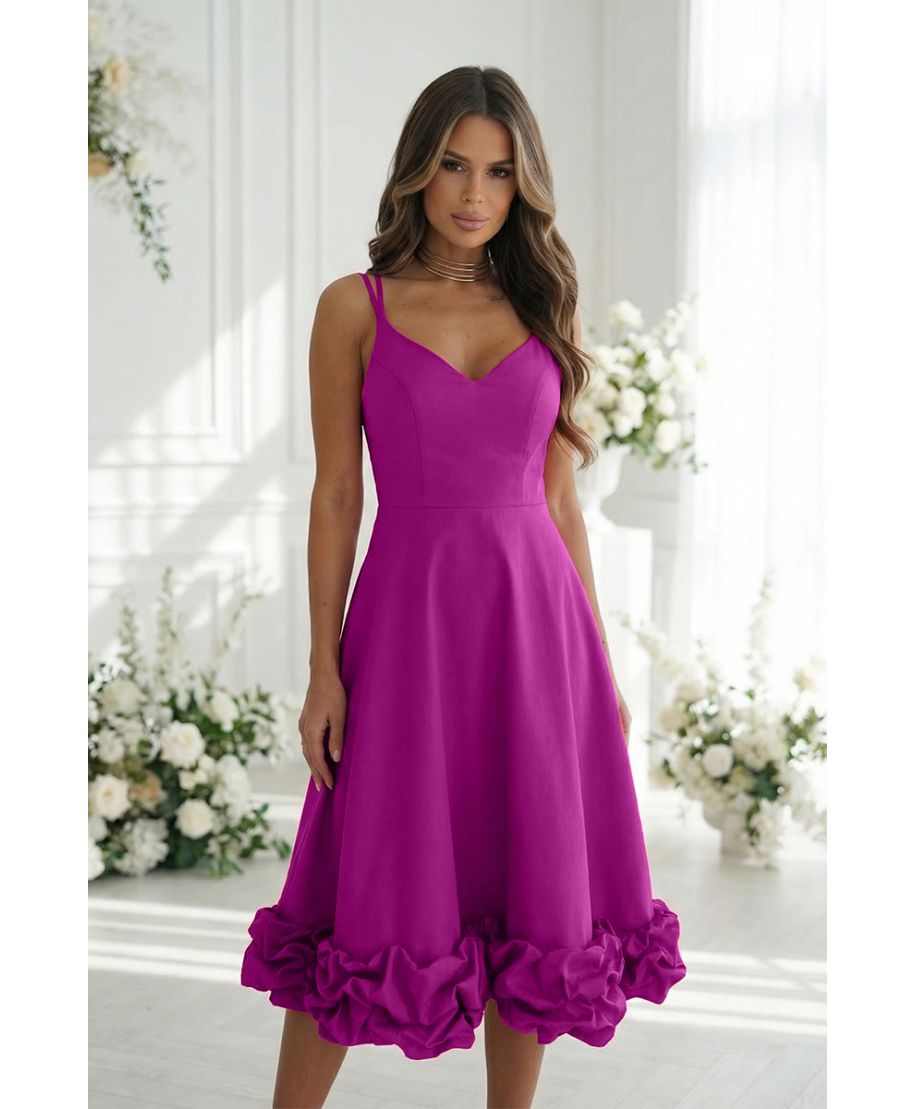 Abito midi elegante fucsia intenso con balza floreale 3D – Tessa