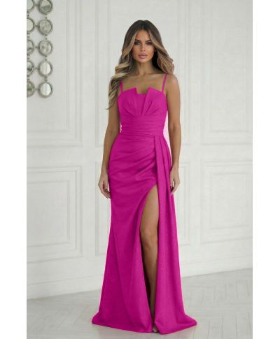 Abito Lungo Fucsia con Corsetto Geometrico e Spacco – Oriana