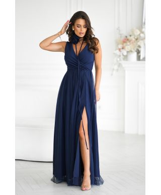 Abito elegante lungo - Spacco sulla gamba - Colore blu navy