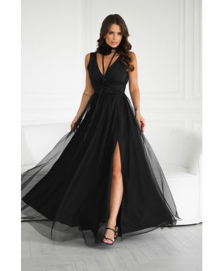 Abito elegante lungo - Spacco sulla gamba - Colore nero