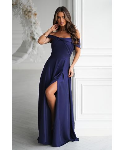 Abito lungo elegante blu notte con effetto metallico e scollo spagnolo