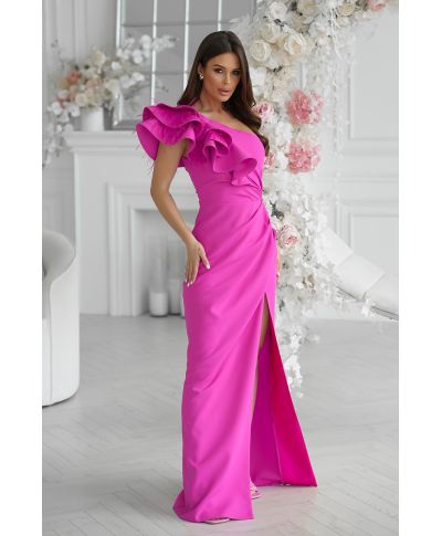 Abito elegante, lungo – Mono spalla - Colore fuxia