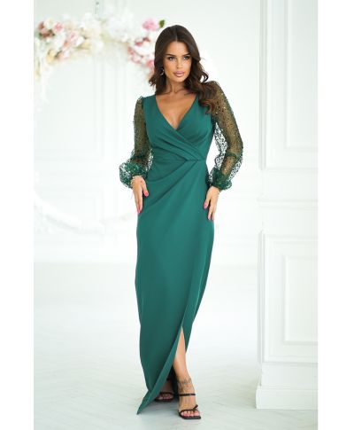 Abito elegante, lungo - Maniche in paillettes - Verde bottiglia - Scarlet