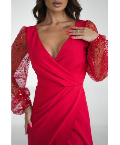 Abito elegante, lungo - Maniche in paillettes - Colore rosso - Scarlet