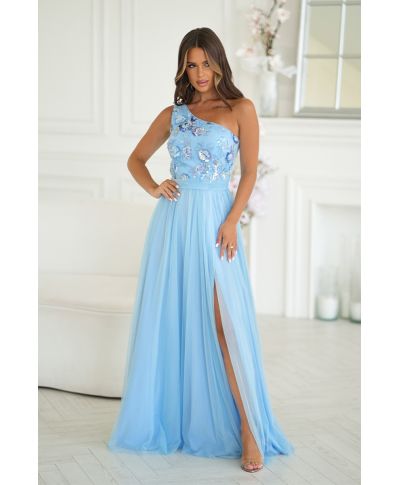 Vestito elegante monospalla azzurro - Olivia