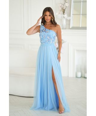 Vestito elegante monospalla azzurro - Olivia