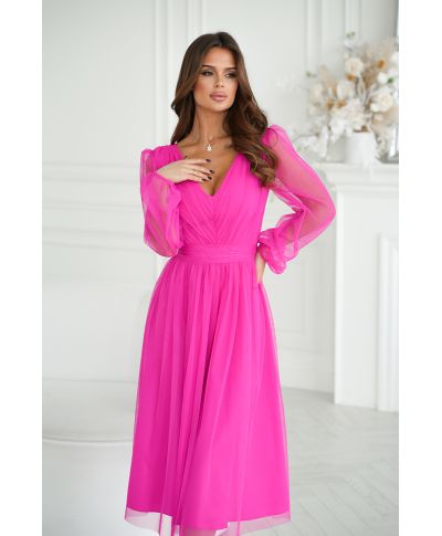 Abito donna - Con manichetta in tulle – Rosa fluo
