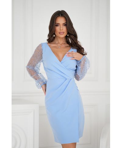 Abito da cerimonia con maniche trasparenti e paillettes - Colore azzurro