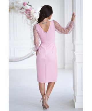 Abito da cerimonia con maniche trasparenti e paillettes - Rosa sporco