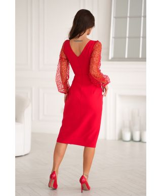 Abito da cerimonia con maniche trasparenti e paillettes - Colore rosso