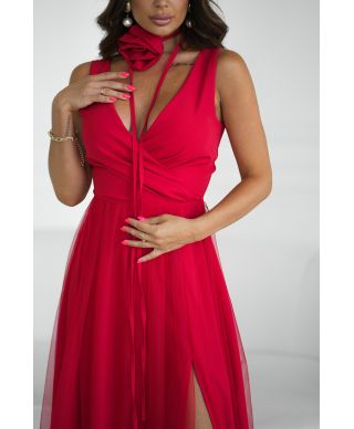 Abito elegante lungo - Spacco sulla gamba - Rosso