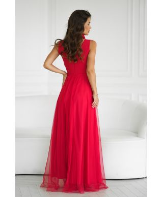 Abito elegante lungo - Spacco sulla gamba - Rosso