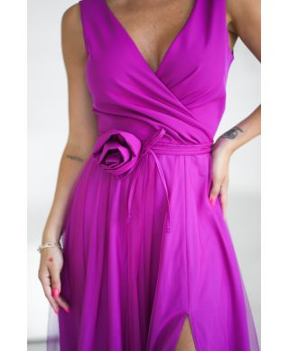 Abito elegante lungo - Spacco sulla gamba - Magenta