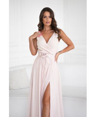 Abito elegante lungo - Spacco sulla gamba - Colore beige