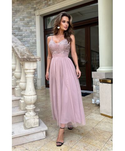 Abito da sera - Rosa sporco - Lunghezza 7/8 - Corsetto ricamato - Spalline sottili