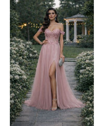 Vestito da cerimonia rosa antico, gonna in tulle - Loira - Gogolfun.it