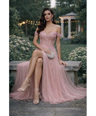 Vestito da cerimonia rosa antico, gonna in tulle - Loira - Gogolfun.it