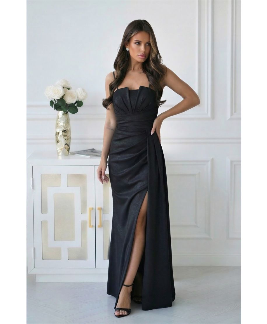 Vestito lungo nero elegante con drappeggio e scollatura geometrica – Oriana - gogolfun.it