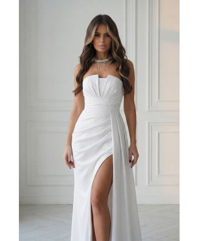 Abito elegante da cerimonia ecru con scollatura geometrica e spacco – Oriana - gogolfun.it