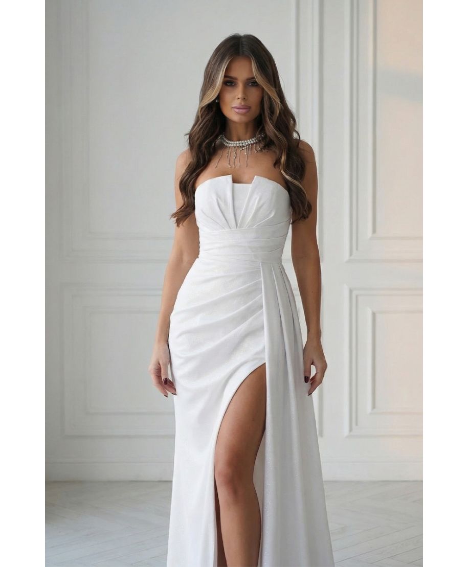 Abito elegante da cerimonia ecru con scollatura geometrica e spacco – Oriana - gogolfun.it