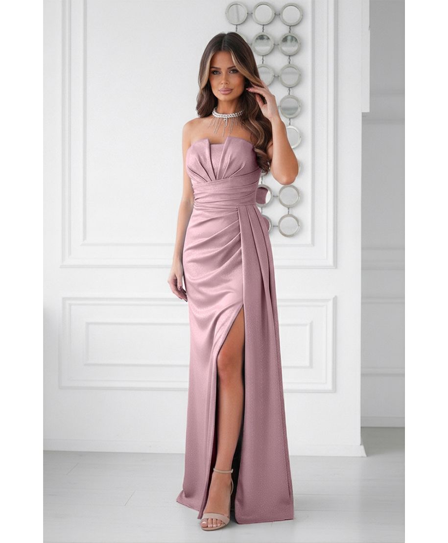 Abito elegante da cerimonia rosa con scollatura geometrica e spacco – Oriana - gogolfun.it