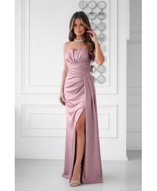 Abito elegante da cerimonia rosa con scollatura geometrica e spacco – Oriana - gogolfun.it