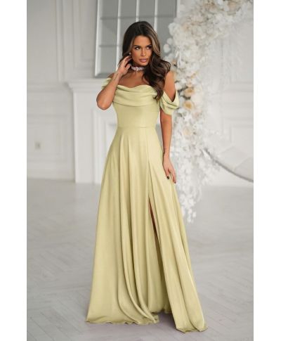 Vestito da cerimonia con drappeggio e spacco – abito lungo elegante giallo - Diletta - gogolfun.it