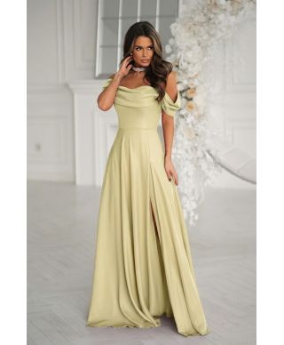 Vestito da cerimonia con drappeggio e spacco – abito lungo elegante giallo - Diletta - gogolfun.it