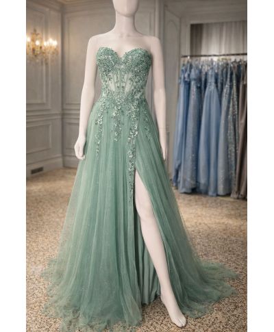 Vestito elegante con gonna in tulle, salvia- Sintra